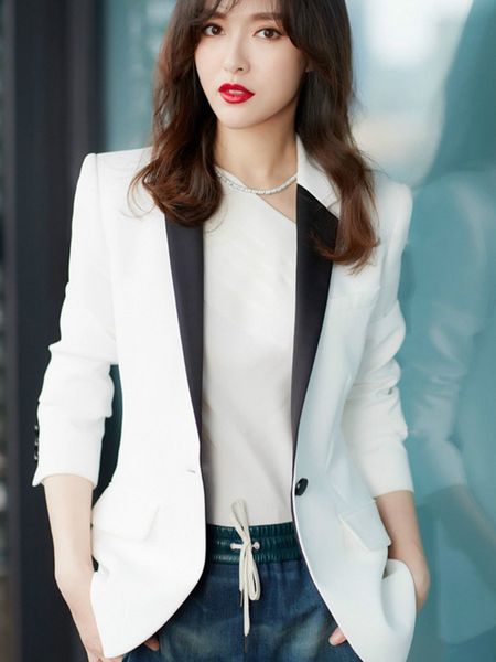 

women clothes new slim solid color lapel single buckle slimming white color matching small suit women jacket, White;black