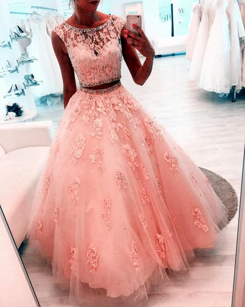 

charming pink two pieces vestidos de quinceanera dresses sheer neck lace crystal applique beaded sequins long ball gown prom sweet 16 dress, Blue;red