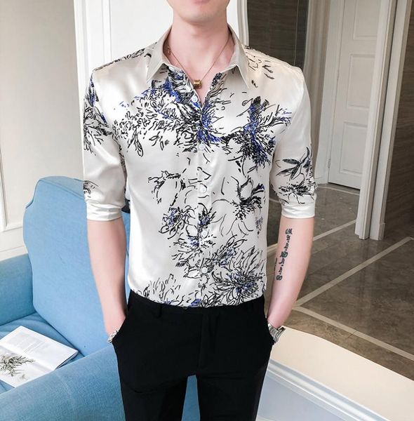 

hawaiian shirt streetwear night club clothing 2020 summer short sleeve shirt men printing casual slim fit camisa masculina, White;black