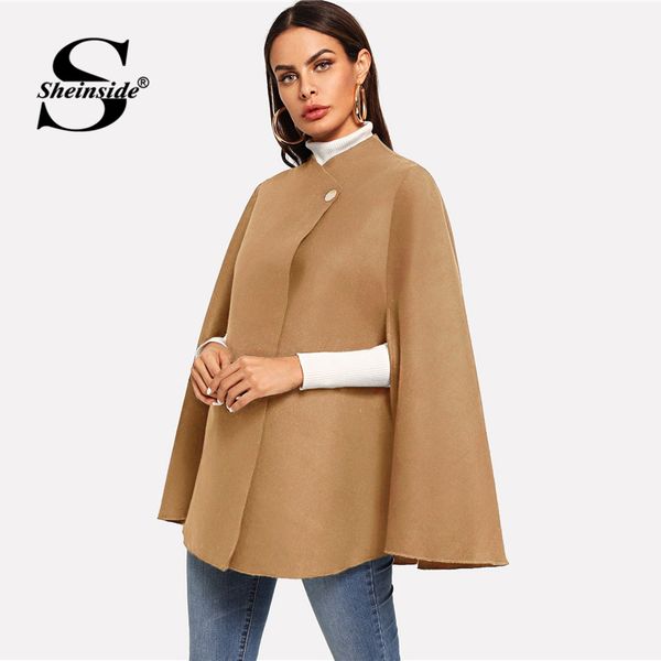 

sheinside khaki single button front cape coat casual stand collar cloak sleeve coats women elegant solid outerwear and jackets, Black;brown