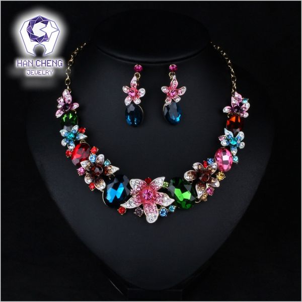 

hangcheng fashion bohemian rhinestone flowers big created crystal statement choker necklace/earrings for women jewelry collier, Silver