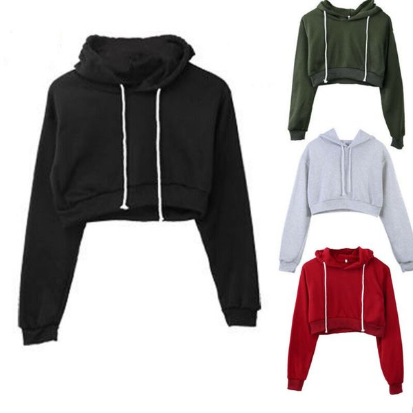 

women girls plain hangover crop hooded full hoodie sweatshirt long sleeve sports wear, Black;blue