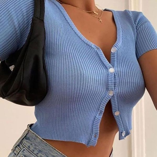 

bzoosio tank women button knitted short sleeve korean style ribbed green white blue summer crop