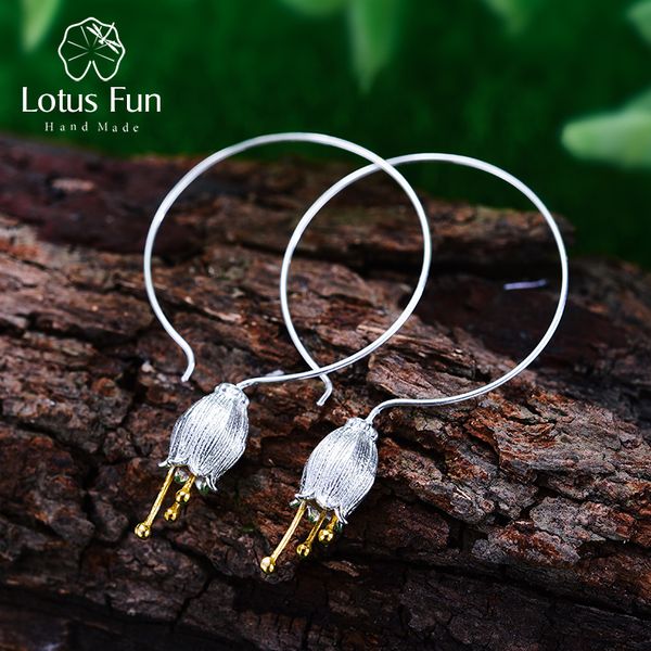 

lotus fun real 925 sterling silver natural creative handmade fine jewelry fresh bell flower dangle earrings for women brincos j190703, White;golden