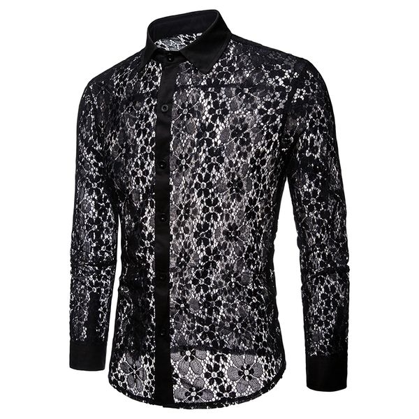 

mens lace hollow shirt long sleeves floral party spring button solid, White;black