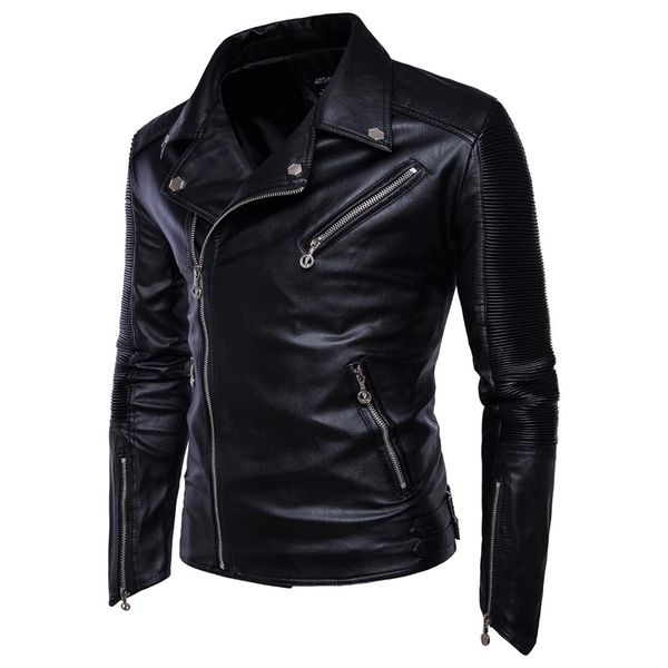 

leather jackets men 2018 new arrival motorcycle leather coat multi-zipper men slim fit jackets coats biker eur size, Black