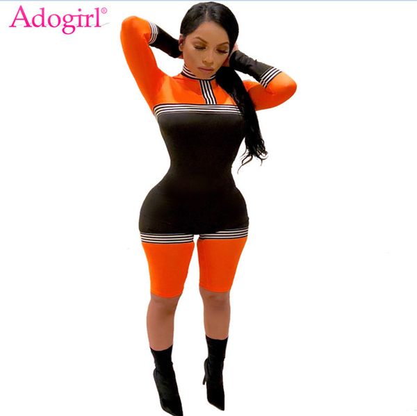 

adogirl color patchwork stripe bandage jumpsuit high neck long sleeve women rompers fitness tracksuits club overalls playsuits, Black;white
