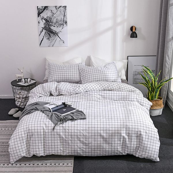 Bonenjoy White Plaid Duvet Cover Set Queen King Size Bedding Sets