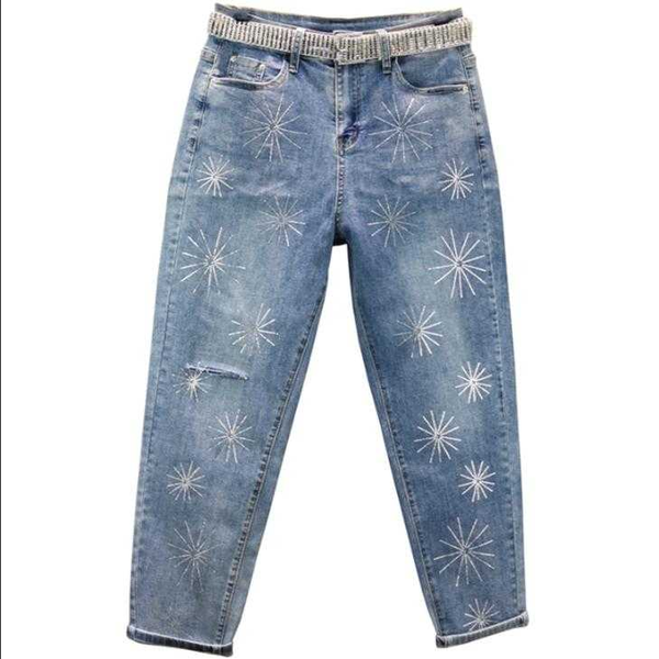 

women's jeans heavy work 2021 spring fashion diamond hole women high waist loose drilling cross trousers plus size, Blue