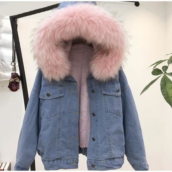 

2019 winter fashion women denim jacket fleeced warm coat for girl hooded fur collar cotton coat warm jacket loose padded blends ig s-2xl, Black