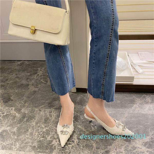 

2020 summer fashion women white black low heels sandals closed toe crystal slingback sandals luxury designer party shoes d01