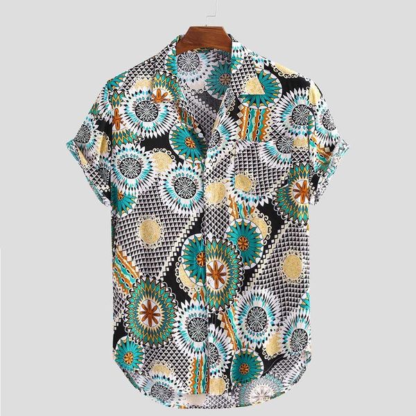 

stylish mens vintage ethnic printed turn down collar short sleeve loose casual shirt camicia da uomo caldo plus, White;black