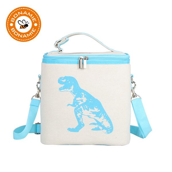 

bonamie dinosaur thermal insulated cooler lunch bag girls school lunch boxs carry tote bag water bottle with shoulder strap, Blue;pink