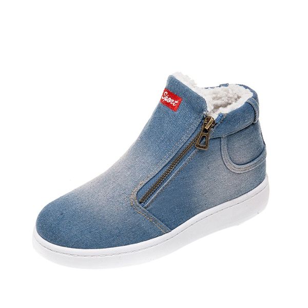 

letter zipper warm thick denim flat snow boots solid color casual versatile flat warm boots round toe winter women 2019, Black