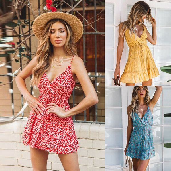 

women short casual holiday dress party dresses v-neck dresses summer sleeveless floral print mini dress, Black;gray