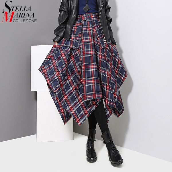 

new 2019 korean style women winter navy blue plaid skirt checker lady irregular elastic waist mid calf length casual skirt 3027, Black