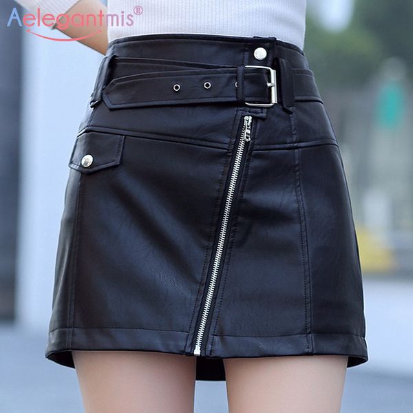 

aelegantmis spring summer new slim high waist women pu leather skirt office lady mini skirt ladies casual a-line short skirts, Black