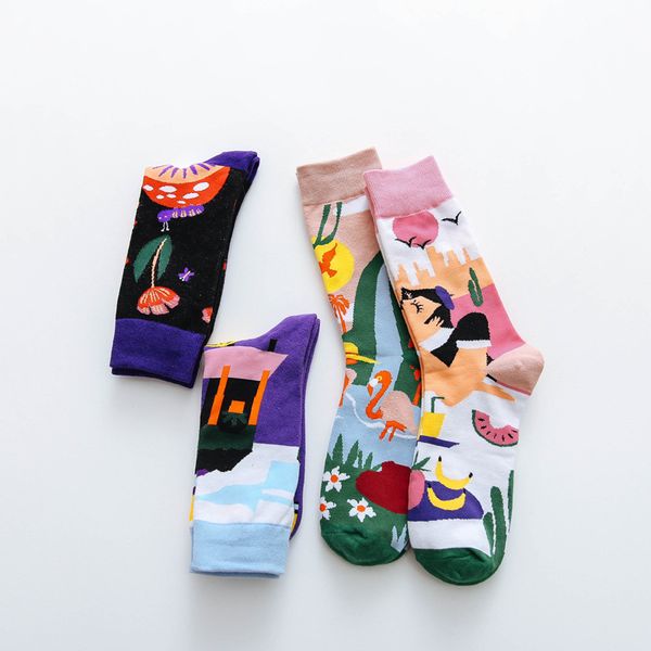 

occident fashion colorful print socks women with mushroom spring woman socks cotton calcetines mujer meias 010202, Black;white