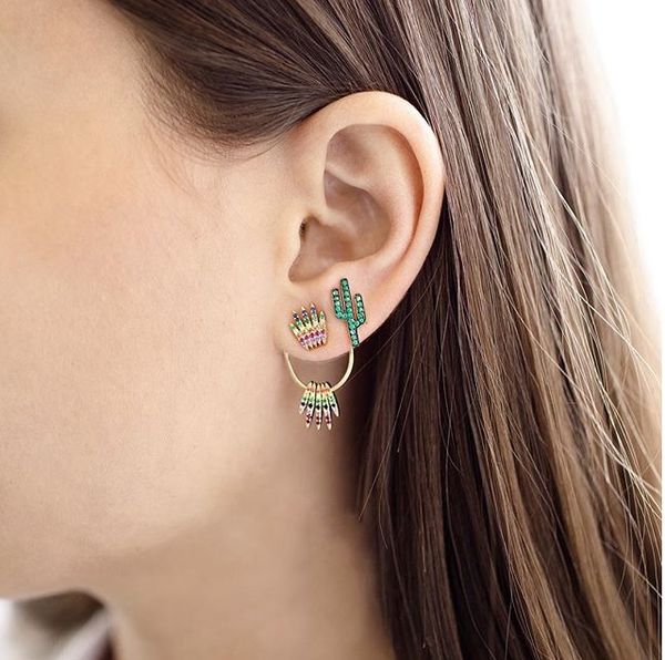 

rainbow cz crown stud earring for women gold colorful cz double side front back fashion trendy jacket earrings, Golden;silver