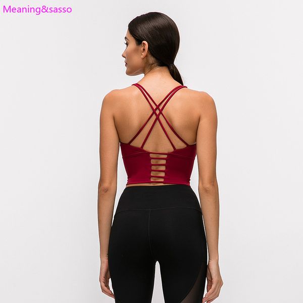 

2020 solid color backless yoga shirt spaghetti straps cross female t-shirt new sportswear workout fitness sports top, White;red