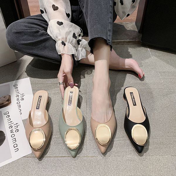 

slippers women summer female mule shoes square heel cover toe slides pantofle shallow med mules block pointed, Black