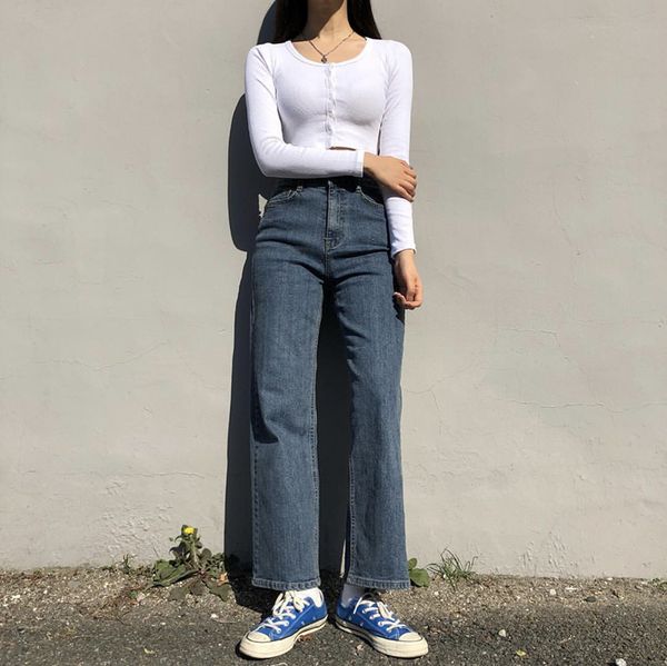 

yanueun straight pants vintage high waist jeans boyfriends women's jeans full length blue mom cowboy denim pants