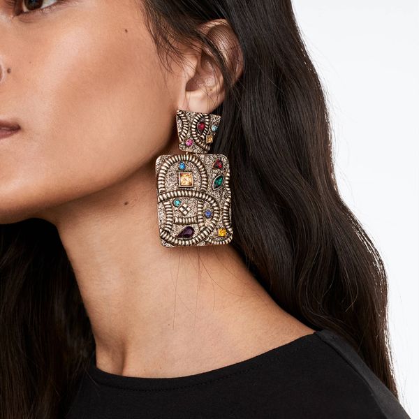 

jujia vintage ethnic gold drop earrings for women geometric crystal earings gift oorbellen india wedding jewelry, Silver