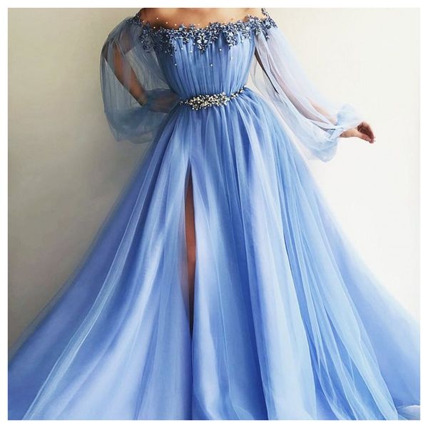 

2019 elegant side split pearls evening party dress sky blue formal crystal bling prom dresses off the shoulder evening gowns, White;black