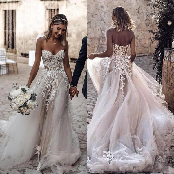 

beach country style 3d floral appliques wedding dresses a-line sweetheart bohemian bridal gowns for brides robe de mariÃ©e, White