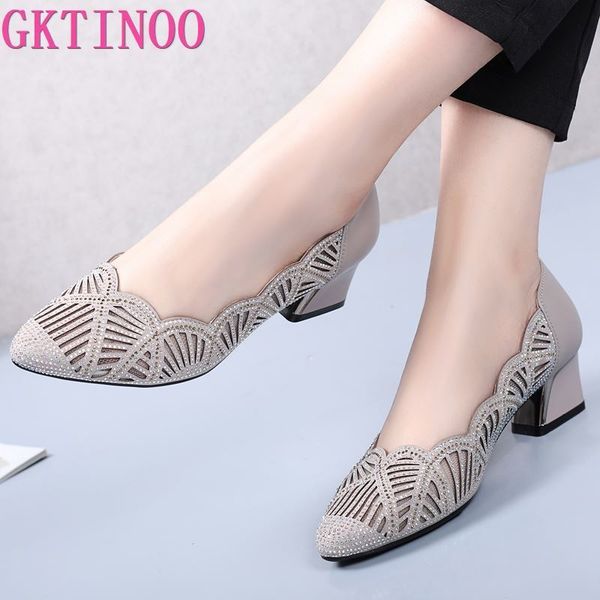 

gktinoo rhinestone pointed toe gauze pumps cut outs women shoes genuine leather comfortable high heels shoes big size 33-43 t200525, Black