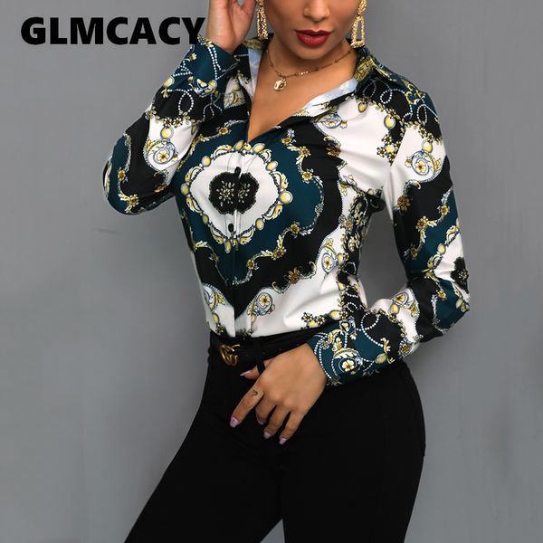 

women elegant office lady blouses 2019 spring turn down collar long sleeve chain scarf print office shirts plus size blouse, White