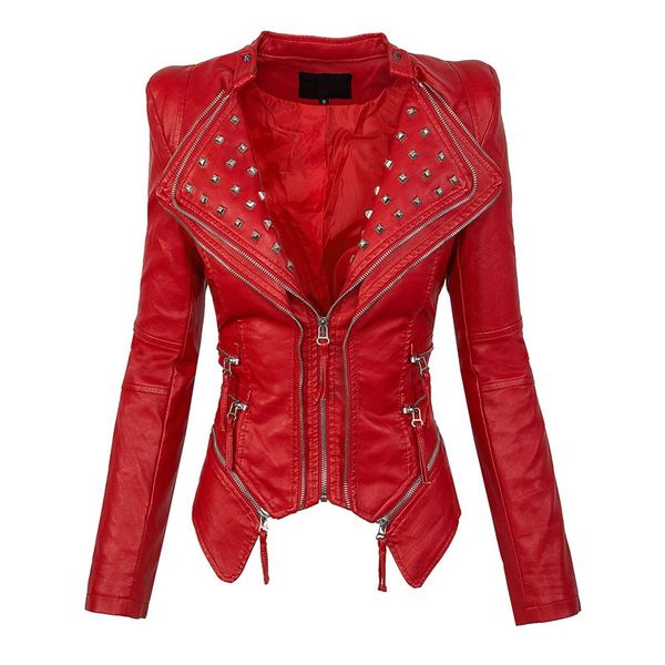 

women pu jackets casual red gothic ladies punk hip hop slim lapel zipper solid rivet zipper female fashion overcoats, Black;brown