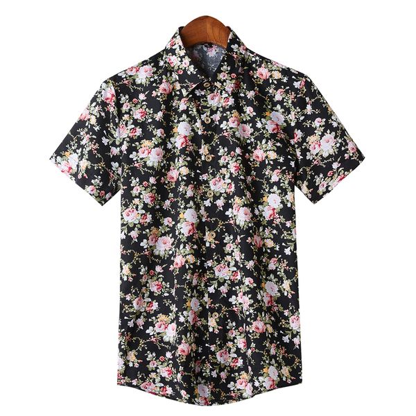 

summer mercerized flowers printed shirts men white loose floral printing glossy short-sleeved shirts men, White;black