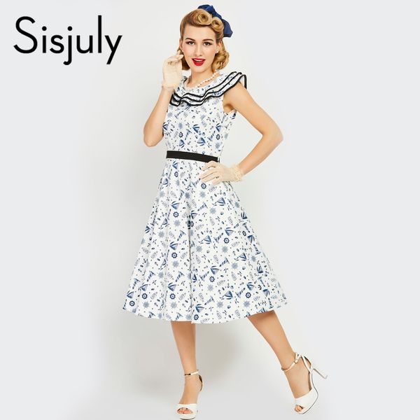 

sisjuly women dress vintage a line 1950s ruffles summer female sleeveless print elegant fashion retro short party dress girl, Black;gray