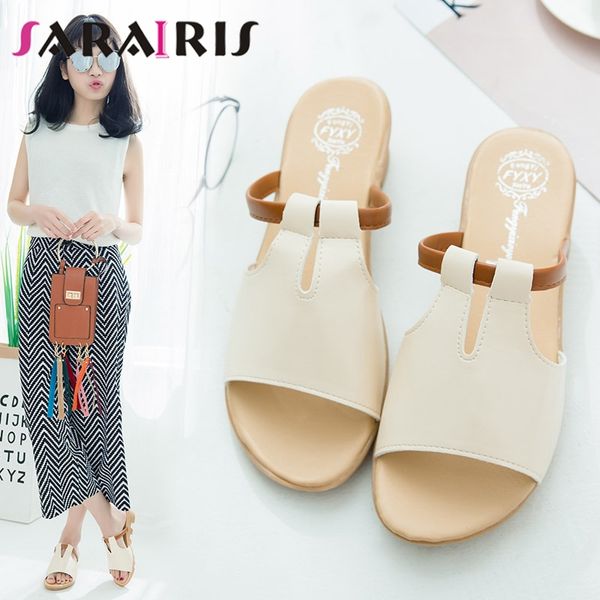 

sarairis 2019 new fashion wedges med heels solid non-slip shoes woman casual outside summer slippers big size 34-41, Black