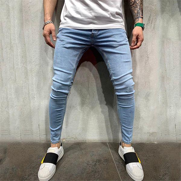 

feitong skinny jeans men fashion slim holes pleated pocket jeans pants autumn long casual denim pants streetwear hombre hh, Blue