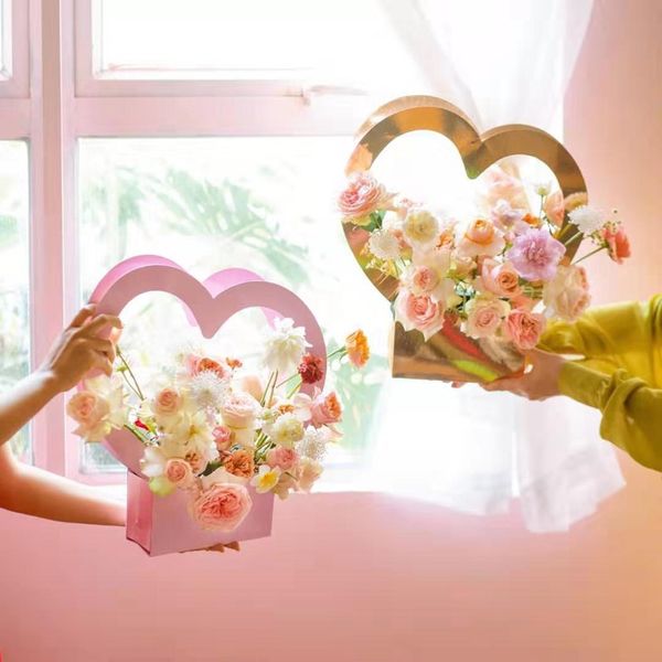 

5/10pcs heart shape portable flower box bag paper packaging box for wedding party decor florist handy flower gift case
