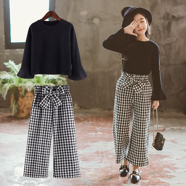

toddler girls clothes teens kids costume long sleeve black shirts plaid pants 2019 new spring autumn children clothing set, White