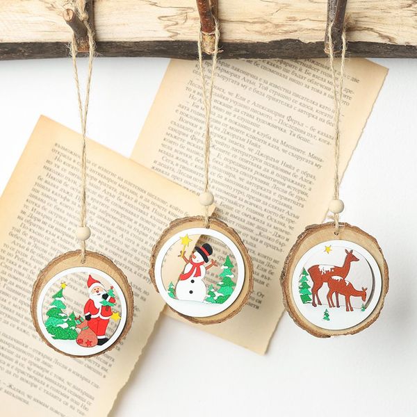 

2019 christmas wooden pendent 3d round santa claus elk cutout pattern hanging ornament christmas tree decor wooden ornament
