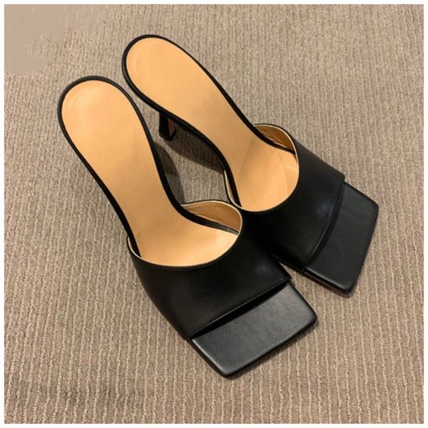 

slippers women design fashion 2021 slipper square toe high heel sandal summer outdoor beach slides dress shoes, Black