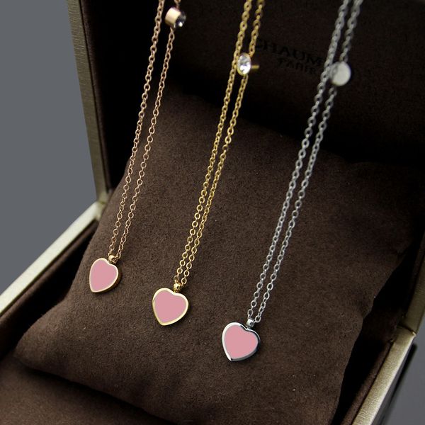

2019 New brand fashion lady charm necklace drilling powder green drop oil double-sided peach heart necklace lady heart necklace