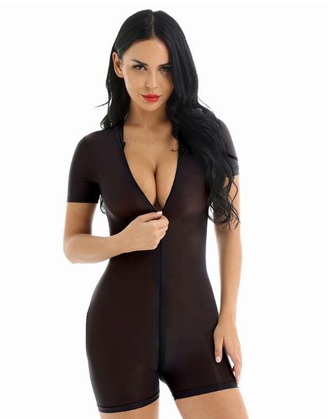

womens female mesh see through sheer bodysuit night clubwear zipper short bodycon jumpsuit romper wet look costumes, Black
