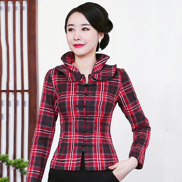 

autumn plaid tang women shirt new chinese stlye cheongsam daily elegant mother blouse large size 3xl 4xl tang clothing, Red