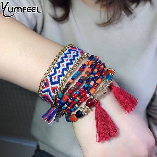 

yumfeel vintage tassel resin thread charm bracelets women ethnic multilayer friendship bracelet bohemian jewelry gifts, Black