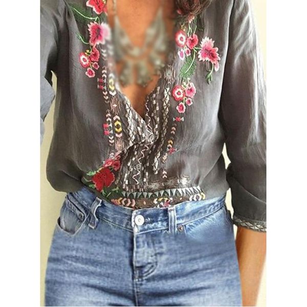 

2019 women shirt embroidered flowers deep v-neck long sleeve casual blouse, White