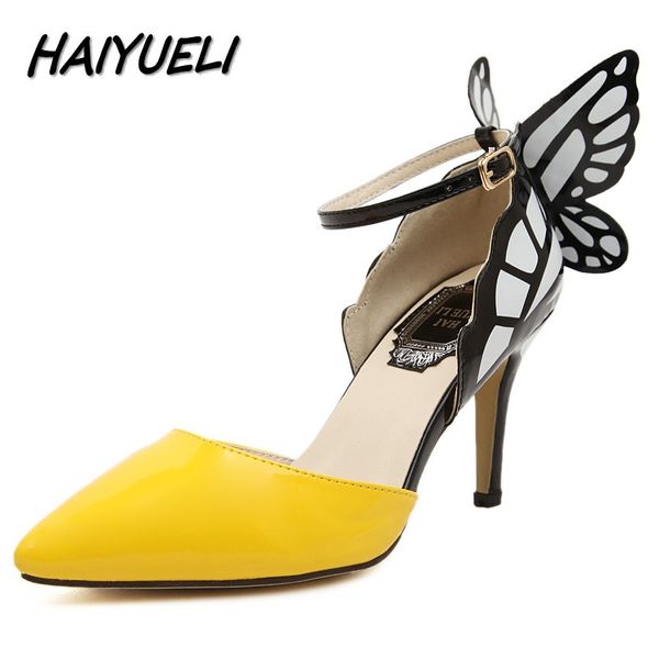 

haiyueli new fashion dream butterfly buckle women pumps pointed toe wedding party nightclub high heels sandals shoes woman, Black