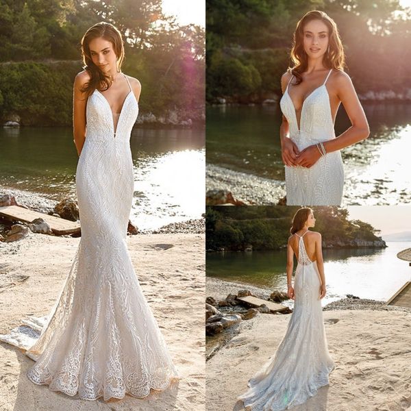 

eddy k 2019 wedding dresses spaghetti straps lace appliques garden bridal gowns sweep train mermaid wedding dress vestidos de noiva, White