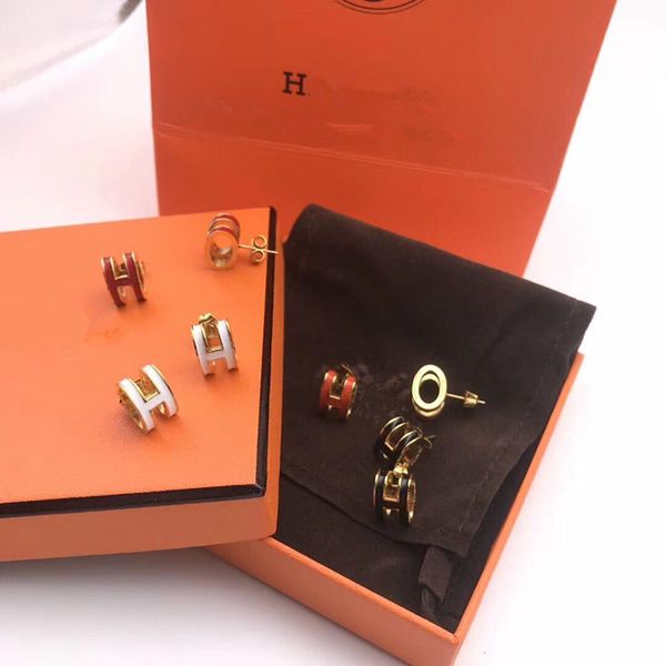 

h earrings with enamel h words for man and women stud punk women's 316l titanium steel earring jewelry gift with original packaging box, Golden;silver