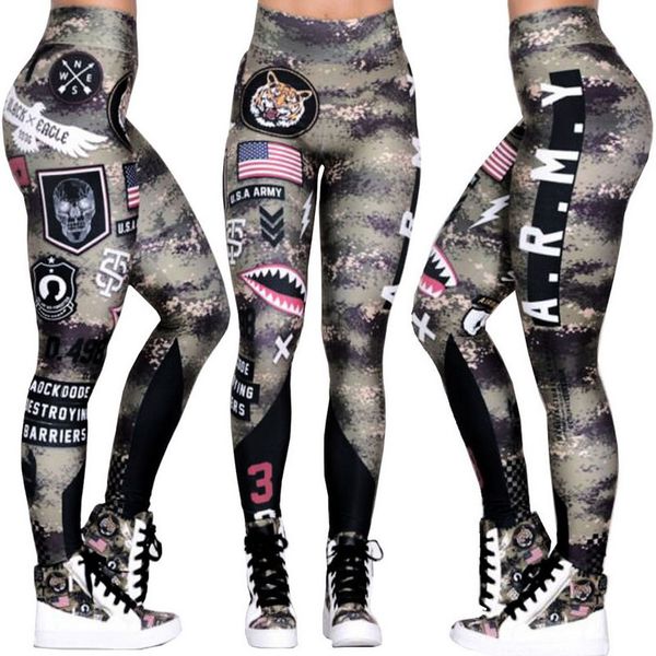 

camouflage printed sport pants women army green fitness leggings sport wear quick dry gym clothing outdoor workout trousers 2019, White;red