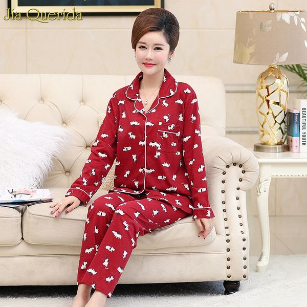 

cotton sleepwear long sleeves pyjamas plus size red cartoon printing autumn lapel cardigan women pajamas set woman home clothes, Black;red
